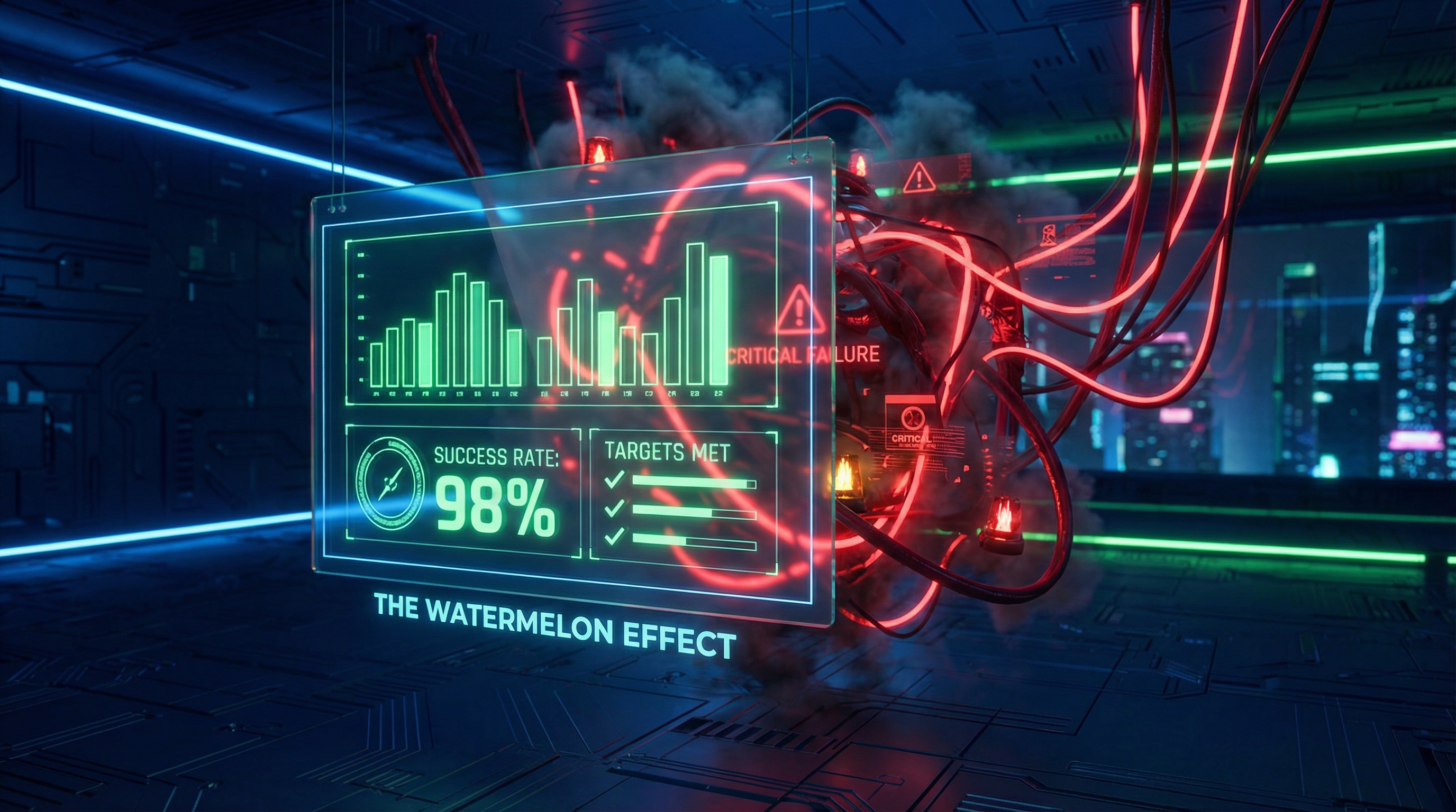 Abstract visualization of a sleek glass dashboard hiding a chaotic mess of red warning cables (The Watermelon Effect)