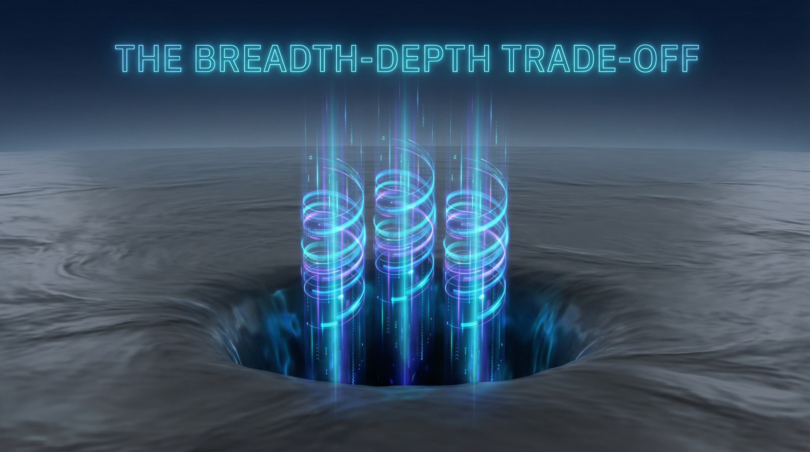 Abstract visualization of a wide, shallow ocean (All-in-One) versus deep, powerful wells of light (Best-of-Breed)