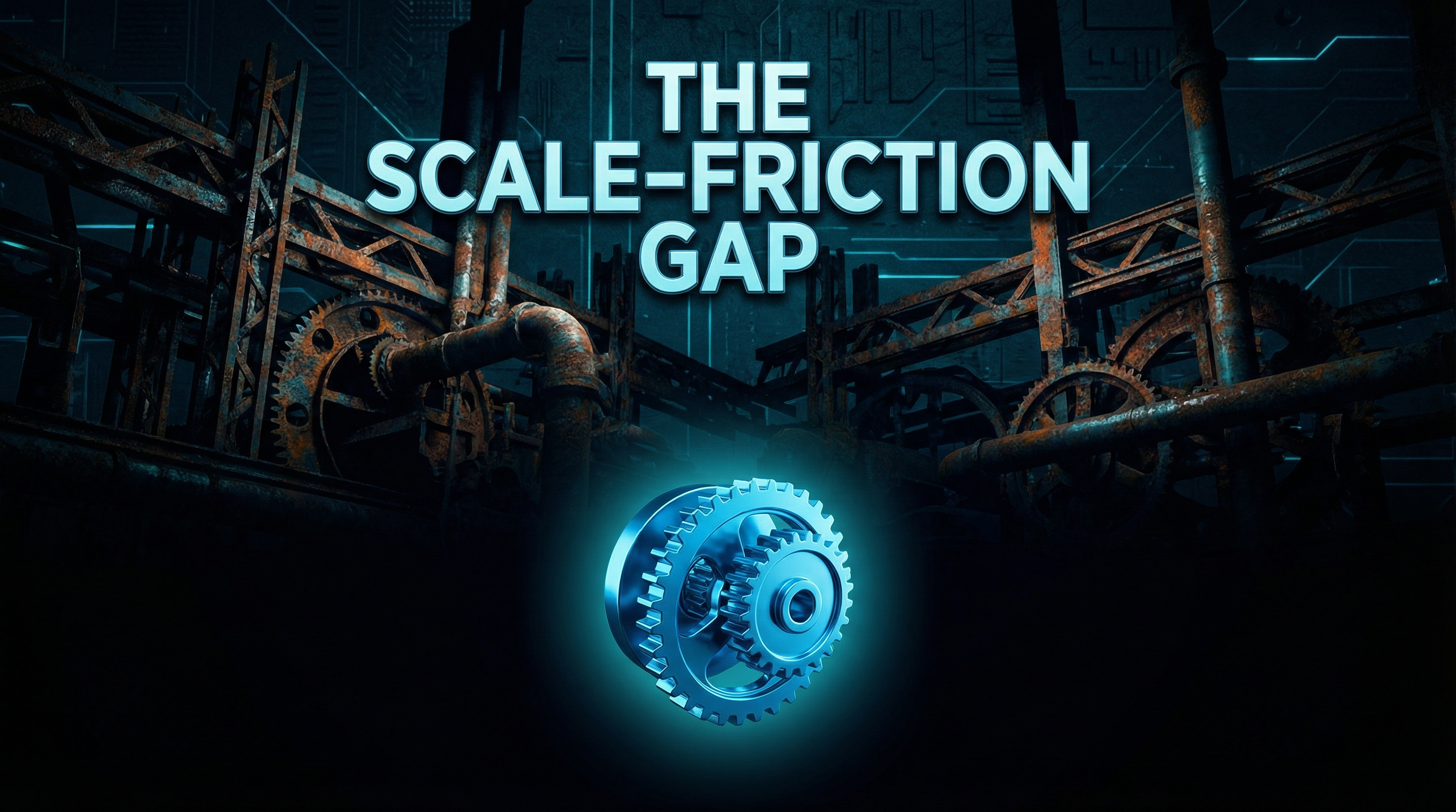 Abstract visualization of a small, smooth gear (pilot) disconnected from a massive, grinding industrial machine (enterprise reality)