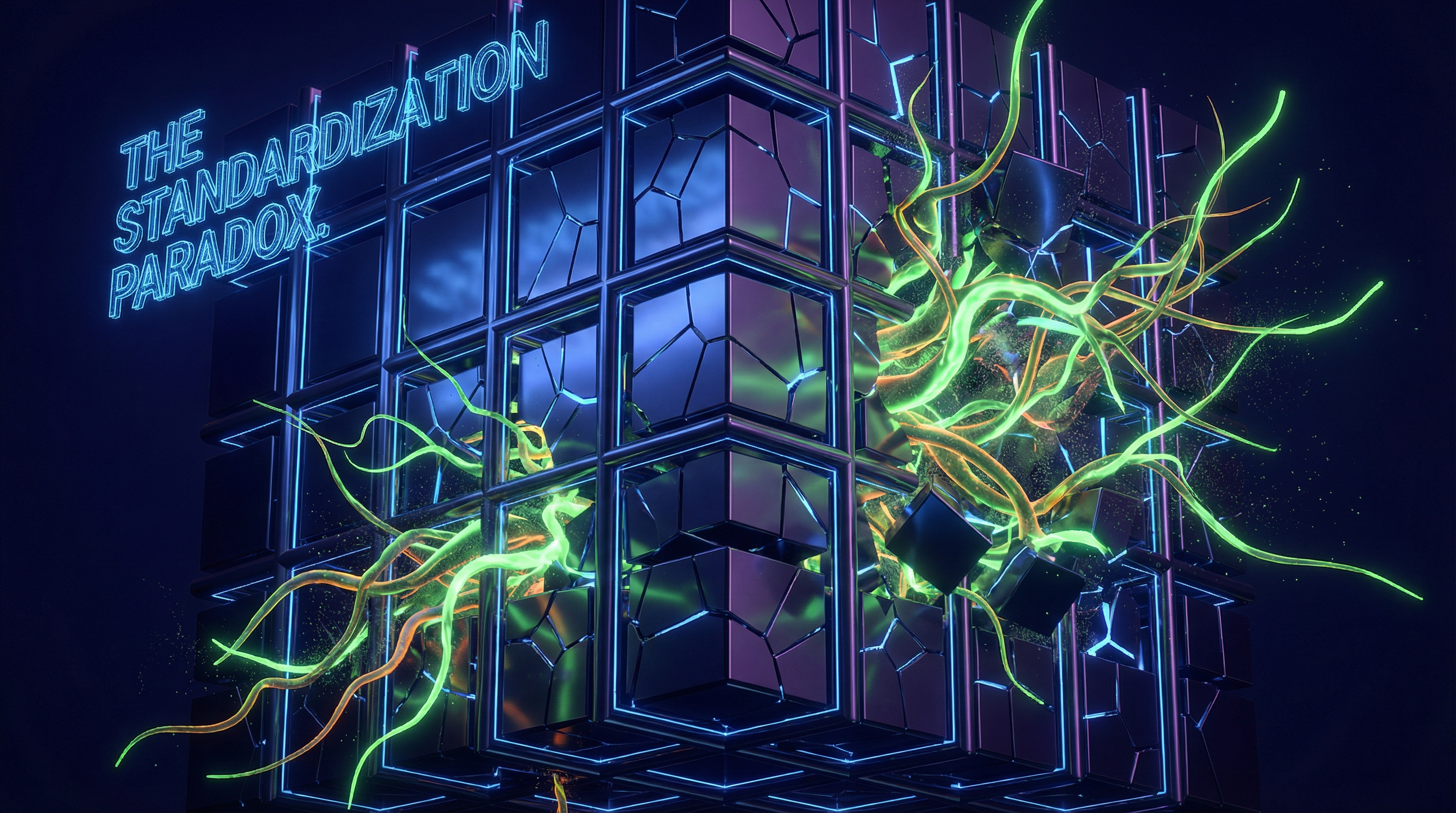 Abstract visualization of a rigid metallic grid cracking apart as an organic, glowing network grows through it, symbolizing how agility breaks free from forced standardization