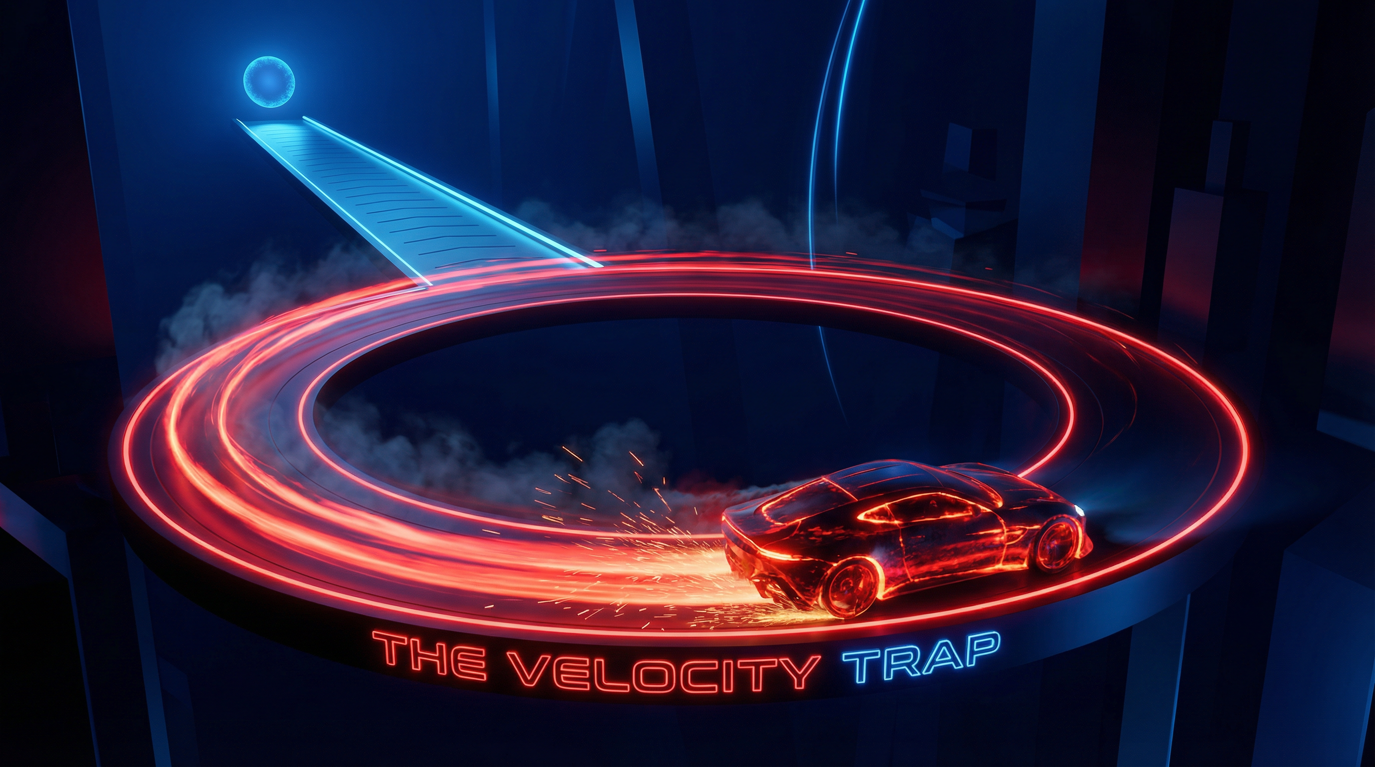 Abstract visualization of a high-speed vehicle moving in a tight circle (high velocity, zero displacement) while the straight path to the goal remains empty